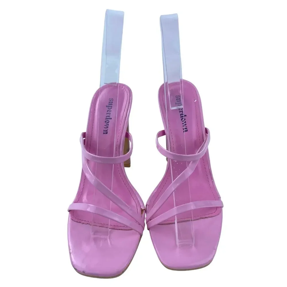 Superdown Sofia Pink Strappy Leather Slip On Square Toe High Heels Sandals Sz 7
